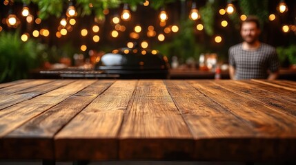 A textured table greets guests under warm string lights for a cozy vibe