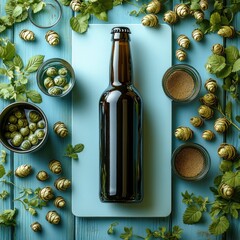 A glass bottle surrounded by hops, yeast, and brewing ingredients in a cozy kitchen