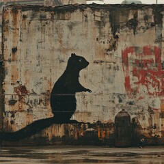 A striking mural shows a large black squirrel silhouette against an old urban wall