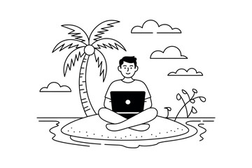A person sits cross-legged on a small island with a laptop