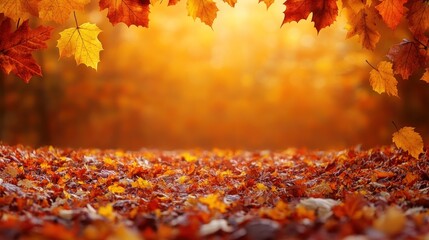 Vibrant maple leaves cover the ground as golden light filters through trees