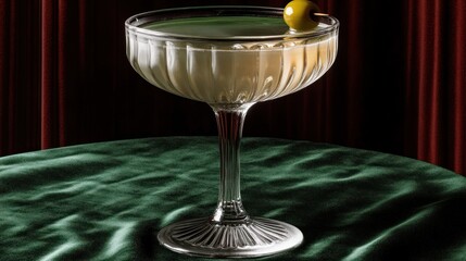 A sophisticated cocktail with an olive garnish sits elegantly on a green tablecloth