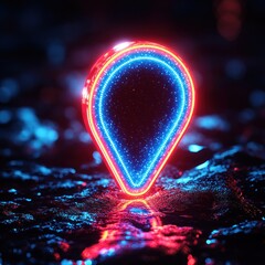 A neon location marker glows vibrantly on a reflective surface under the rain