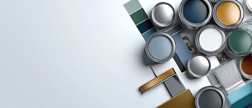 A collection of paint cans in various colors sits beside color swatches, ready for selection in a home improvement task