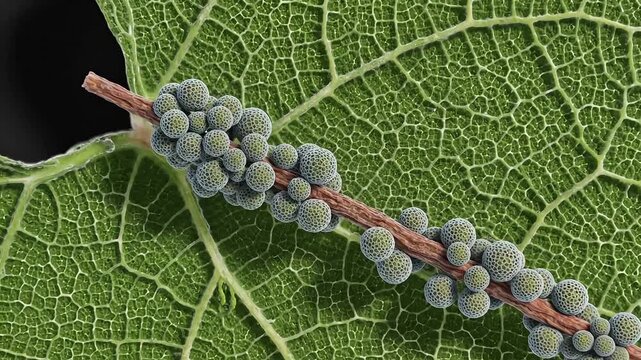 A close up view of spherical plant spores on a stem against a green leaf background