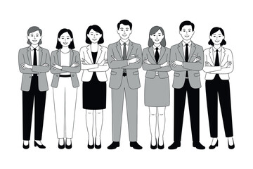 A diverse group of professionals stands confidently with their arms crossed.