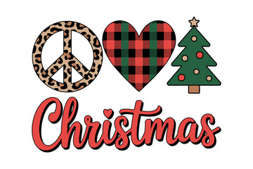 Peace love Christmas symbol and tree with plaid heart and lettering