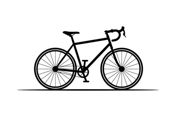 A black silhouette of a road bicycle is isolated on a white background.