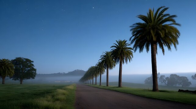 A serene pathway lined with tall palm trees stretches into the misty distance under a starlit night sky