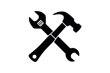 A hammer and wrench are crossed on a white background.