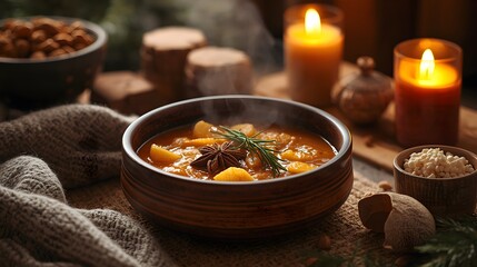A cozy bowl of warm pumpkin stew with herbs, star anise, and tender chunks, surrounded by candles and winter textures, creating a comforting seasonal food ambiance.