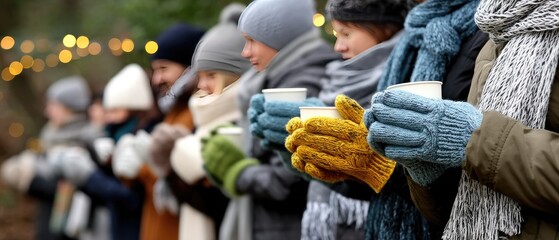 Two hands holding steaming cups of cocoa, surrounded by a joyful winter market scene filled with twinkling lights and holiday decorations