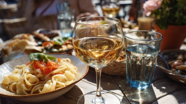 Italian Lunch Scene With Pasta, Wine, and Bright Sunshine on a Warm Afternoon in a Charming Outdoor Setting