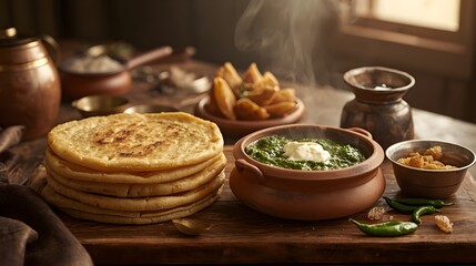 A warm rustic setup featuring stacked makki ki roti, creamy sarson ka saag in a clay pot, green chilies, jaggery, and winter sides, creating a traditional Punjabi winter food scene.