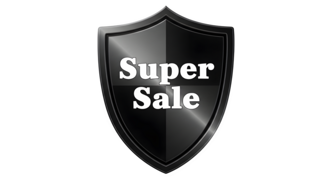 A black shield with the words super sale in white text, isolated on transparent background - Powered by Adobe