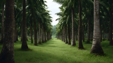 A symmetrical pathway through a dense tropical coconut palm plantation under a cloudy sky