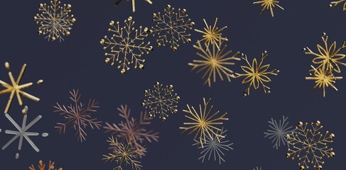 Elegant gold snowflakes on a dark blue background creating a festive winter season design. Perfect for holiday greetings and seasonal © vegefox.com