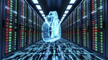A data center with servers and a glowing digital object in the middle of the room space - Powered by Adobe