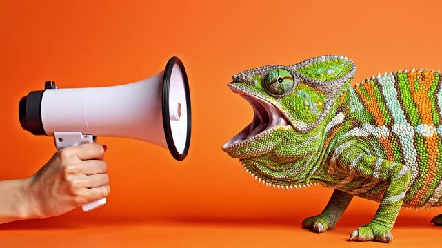 A hand holding a white megaphone facing a colorful chameleon on an orange background