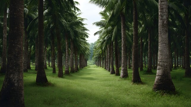 A symmetrical pathway through a dense tropical coconut palm plantation under a cloudy sky - Powered by Adobe
