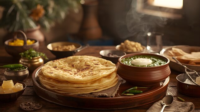 A warm rustic setup featuring stacked makki ki roti, creamy sarson ka saag in a clay pot, green chilies, jaggery, and winter sides, creating a traditional Punjabi winter food scene.