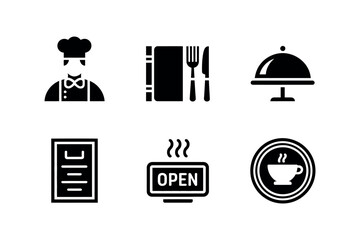 A collection of restaurant and cafe icons including a chef, menu, and coffee cup.