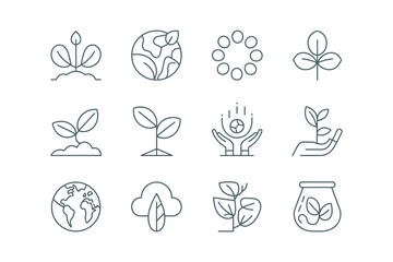 A collection of diverse environmental and growth-related icons representing nature and sustainability concepts.