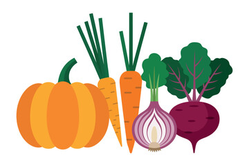 A collection of fresh vegetables including a pumpkin, carrots, onion, and beet.