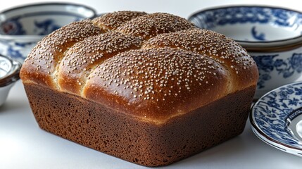 Soft bread loaf resting on a table surrounded by elegant crockery and bowls