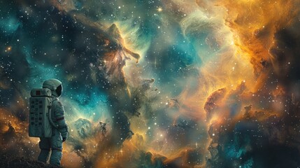 Exploring the wonders of space with a lone astronaut in a colorful nebula