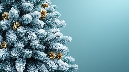 Winter wonderland with frosted Christmas tree and golden pinecones for festive cheer
