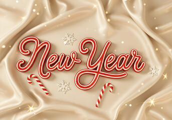 New Year greeting text with candy canes on cream fabric background  