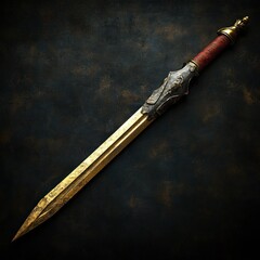 A majestic sword with intricate design on display against a dark background