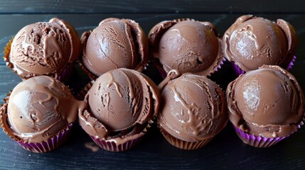 Decadent chocolate ice cream scoops served in colorful cups at a dessert gathering