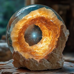 Mesmerizing crystal sphere reveals a cosmic portal within natural rock formation