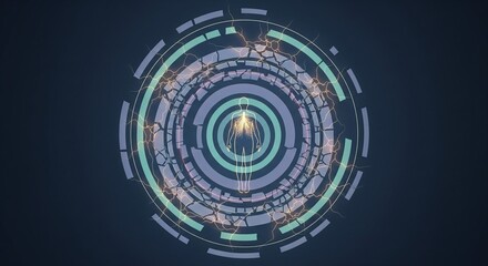 Floating human form within breathing circular patterns and gentle glowing lines, symbolizing anxiety, tension, and calm emotional balance with clean copyspace