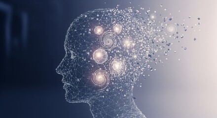 A dissolving head outline drifts into geometric particles, with spirals and glowing spheres adding emotional contrast for modern conceptual storytelling designs.