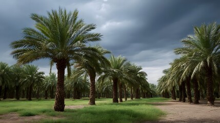 Fototapeta premium A dramatic scene of a date palm plantation with rows of trees stretching towards the horizon under a dark stormy and cloudy sky