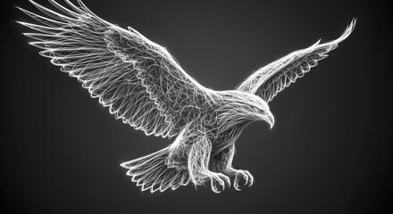 Artistic white line drawing of a majestic eagle with wings spread, a symbol of power and freedom on a dark background