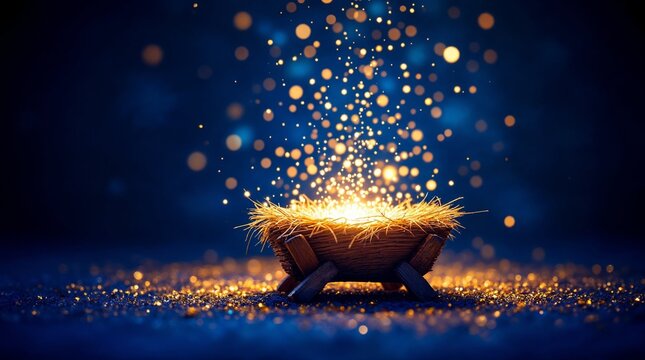 Symbolic native scene of a glowing manger with straw. The birth of Jesus Christ concept with golden sparkling lights. Holy Christmas background