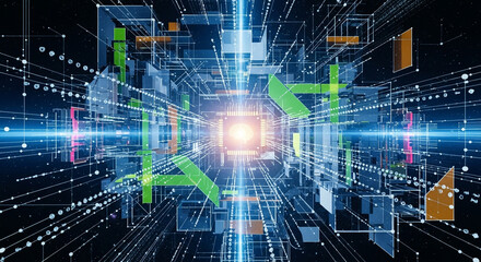 Abstract digital brain processing complex data streams in futuristic neural network, symbolizing AI innovation and technological advancement
