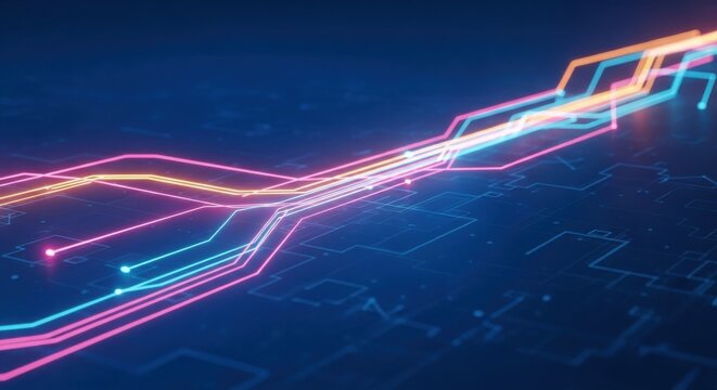 Modern digital network graphic showing colorful data lines on a dark background symbolizing technological progress and connection