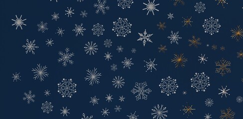 Stylish winter background featuring silver and gold snowflakes on a dark blue backdrop. Perfect for seasonal designs, Christmas greet