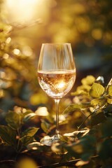 Elegant Wine Glass Glistens in Golden Sunlight Against Lush Vineyard Backdrop