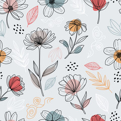 Naklejka premium Elegant Floral Line Art Vector Seamless Pattern 