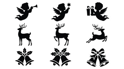 christmas silhouette icons set with angels reindeer and bells