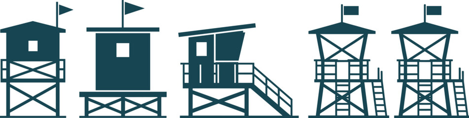 Silhouette lifeguard towers, beach safety structures, coastal watch platforms, seaside rescue huts, ocean lookout posts, summer vacation coastline, surveillance architecture
