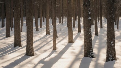 A sunlit snow-covered forest with tall, closely spaced trees casting elongated shadows