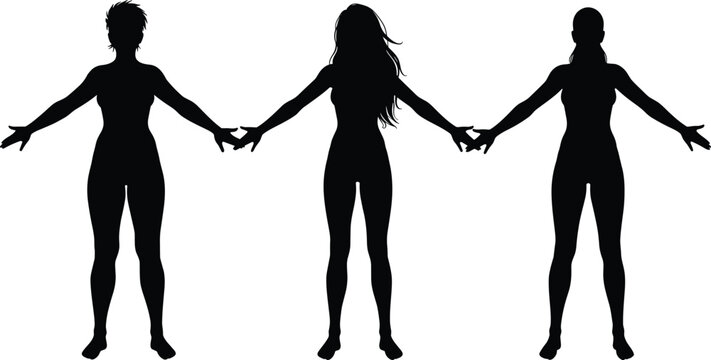 Silhouette people holding hands, unity diversity illustration, human connection design, friendship teamwork concept, solidarity support art, black vector graphic, community togetherness - Powered by Adobe