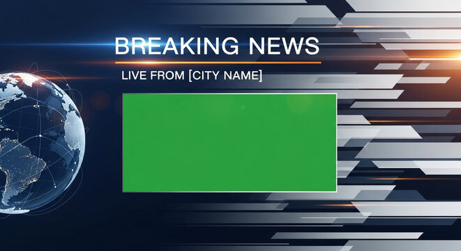 Dynamic breaking news graphic with global earth overlay and green screen for custom content integration, perfect for live broadcasts.